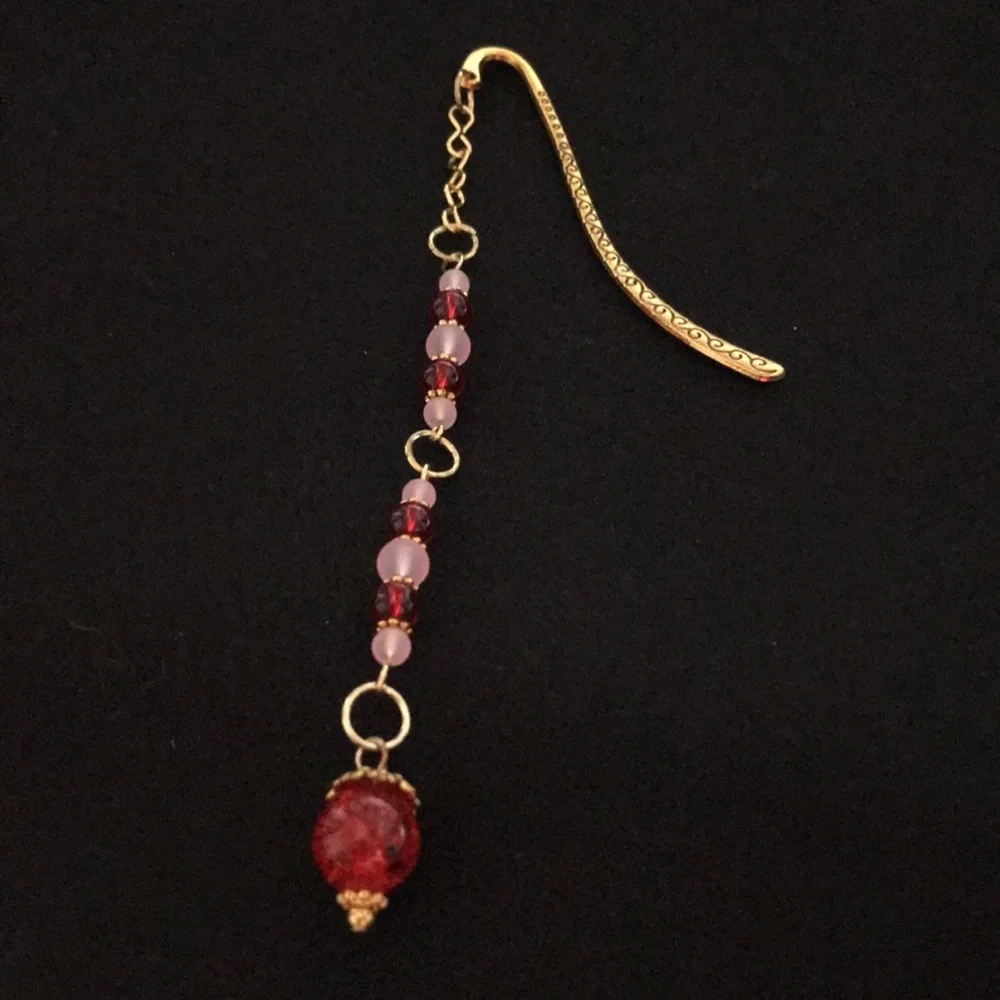 Metal Shepherds Hook Bookmark w/Chain, Red&Pink Glass Beads, & Goldtone Findings